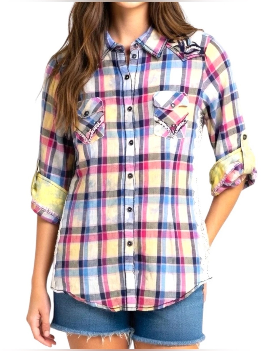 Y2K Roar brand western shirt 100% cotton size medium button down front plaid